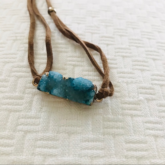 Blue Faux Druzy Bracelet Necklace Brown Suede - Picture 2 of 3